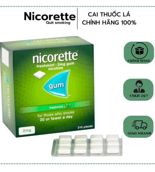Kẹo cai thuốc lá Nicorette 2mg vị freshmint hàng Mỹ chính hãng (Hộp 210 viên)